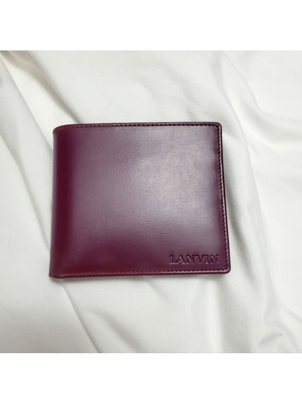 Authentic LANVIN PARIS Bifold Wallet Burgundy Leather Gold Logo France